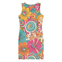 Women's colorful retro floral bodycon mini dress with vibrant flower power print in turquoise, pink, orange, yellow, and green