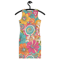 Women's colorful retro floral bodycon mini dress with vibrant flower power print in turquoise, pink, orange, yellow, and green
