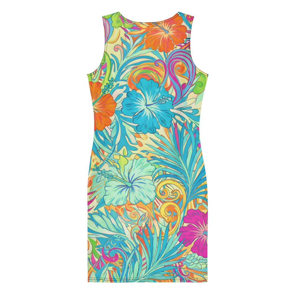 60s Inspired Tropical Hibiscus Mini Dress in Turquoise, Orange & Hot Pink | Stretch Bodycon Dress | Summer Stretch Dress