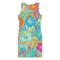 Women's colorful tropical hibiscus bodycon mini dress with vibrant turquoise, orange, hot pink, and floral print