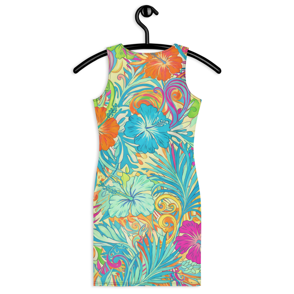 60s Inspired Tropical Hibiscus Mini Dress in Turquoise, Orange & Hot Pink | Stretch Bodycon Dress | Summer Stretch Dress