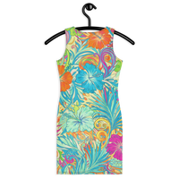 Women's colorful tropical hibiscus bodycon mini dress with vibrant turquoise, orange, hot pink, and floral print