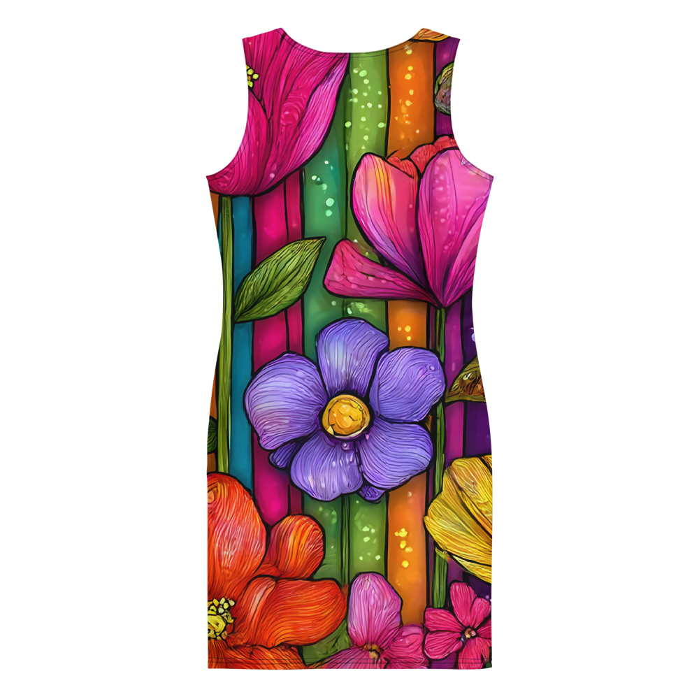 Vibrant colorful floral bodycon summer dress with a sculpted fit, combining comfort, flexibility, and bold summer statement style.