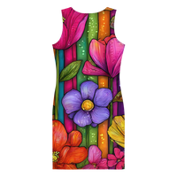 Envera Vibrant colorful floral bodycon summer dress with a sculpted fit, featuring a watercolor-style wildflower print in pink, yellow, orange, blue, and purple on a rainbow gradient background