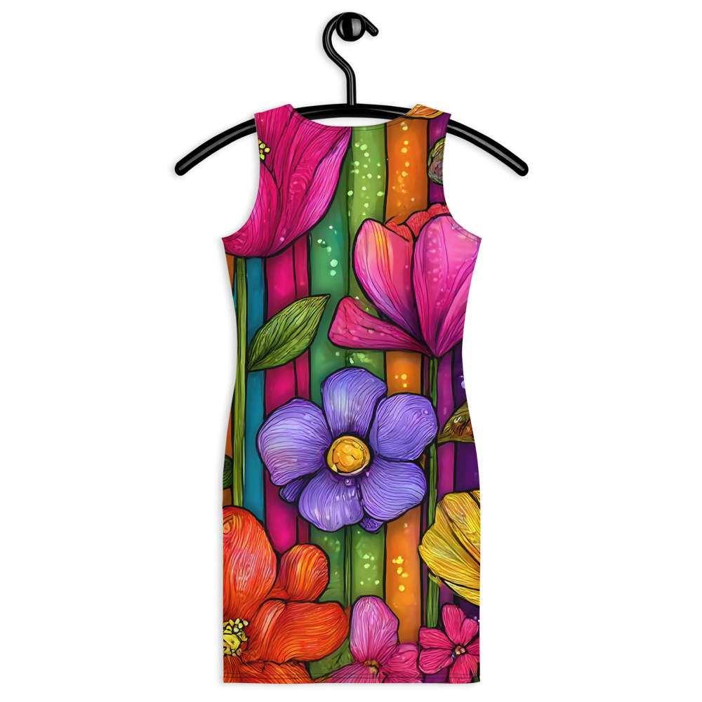 Vibrant colorful floral bodycon summer dress with a sculpted fit, combining comfort, flexibility, and bold summer statement style.