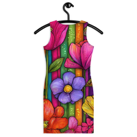 Envera Vibrant colorful floral bodycon summer dress with a sculpted fit, featuring a watercolor-style wildflower print in pink, yellow, orange, blue, and purple on a rainbow gradient background