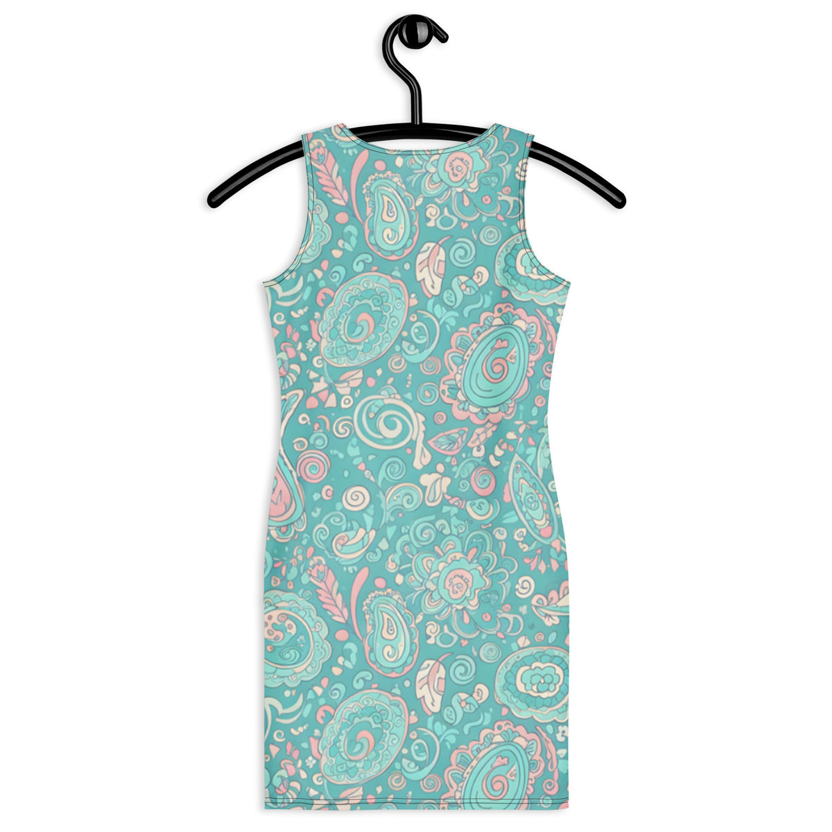 Women's 60s Ibiza style paisley bodycon mini dress in turquoise pastel print. Stretch fit, sleeveless boho summer dress with vintage-inspired charm