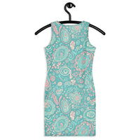Women's 60s Ibiza style paisley bodycon mini dress in turquoise pastel print. Stretch fit, sleeveless boho summer dress with vintage-inspired charm