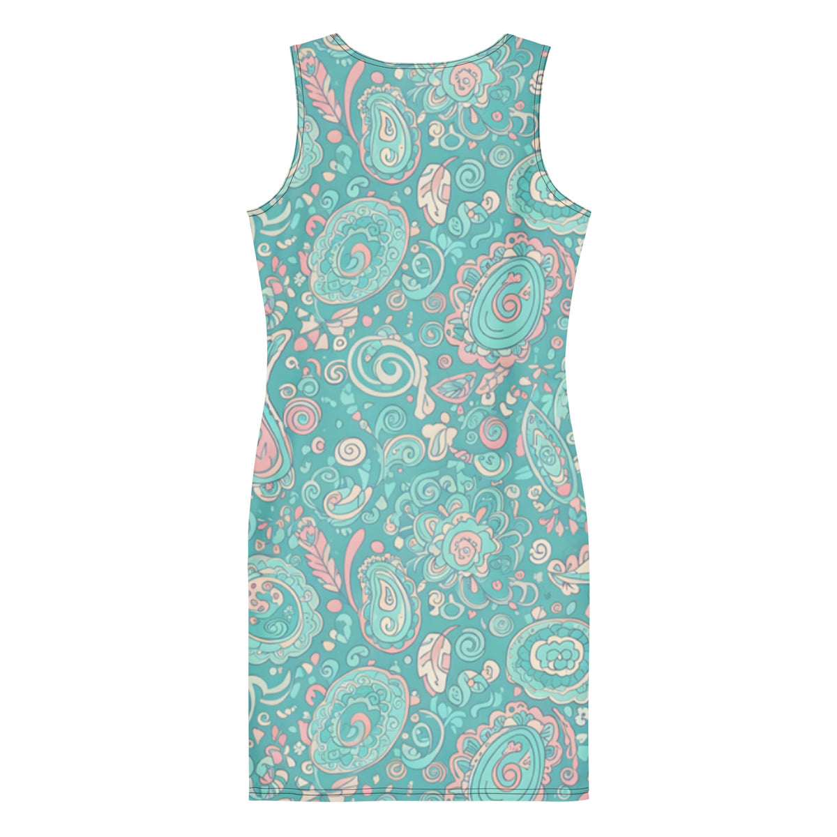 Women's 60s Ibiza style paisley bodycon mini dress in turquoise pastel print. Stretch fit, sleeveless boho summer dress with vintage-inspired charm