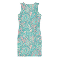 Women's 60s Ibiza style paisley bodycon mini dress in turquoise pastel print. Stretch fit, sleeveless boho summer dress with vintage-inspired charm