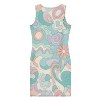 Women's 60s inspired Ibiza retro swirl bodycon mini dress with pastel floral print. Stretch sleeveless summer dress for boho and vintage style