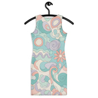 Women's 60s inspired Ibiza retro swirl bodycon mini dress with pastel floral print. Stretch sleeveless summer dress for boho and vintage style