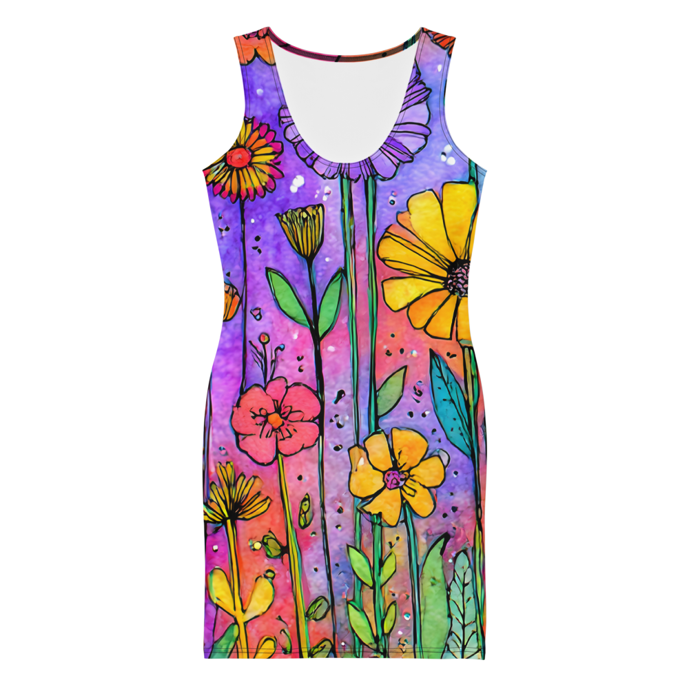 Vibrant colorful floral bodycon summer dress with a sculpted fit, combining comfort, flexibility, and bold summer statement style.