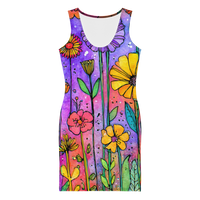 Colorful floral bodycon summer dress with watercolor wildflower print and sculpted fitted silhouette on rainbow gradient background