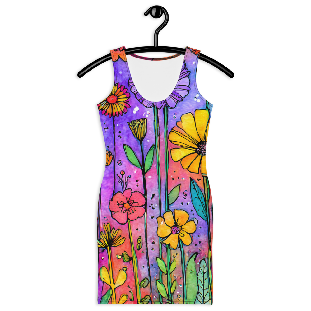 Vibrant colorful floral bodycon summer dress with a sculpted fit, combining comfort, flexibility, and bold summer statement style.