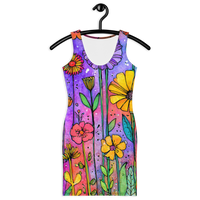 Colorful floral bodycon summer dress with watercolor wildflower print and sculpted fitted silhouette on rainbow gradient background
