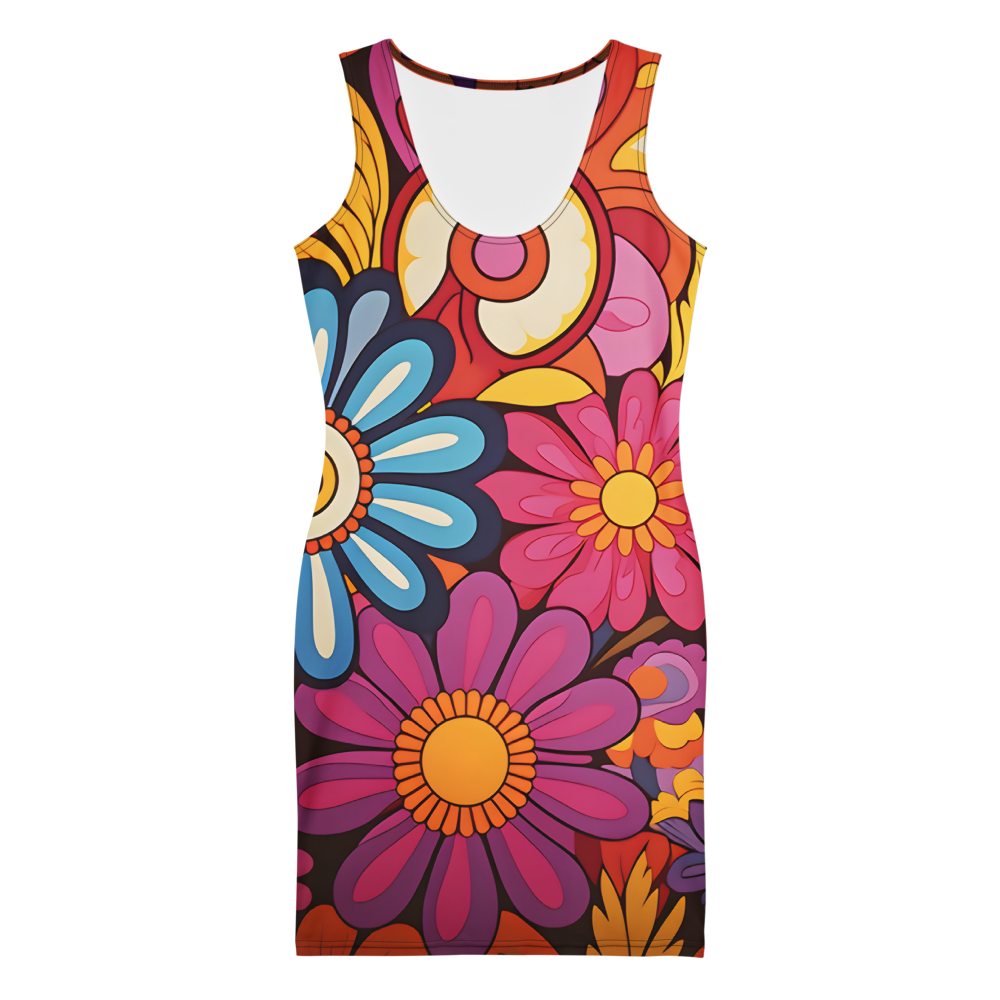 Vibrant colorful floral bodycon summer dress with a sculpted fit, combining comfort, flexibility, and bold summer statement style.