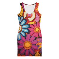 Women's retro floral bodycon dress with vibrant multicolor flower print, sleeveless fitted mini dress for spring and summer