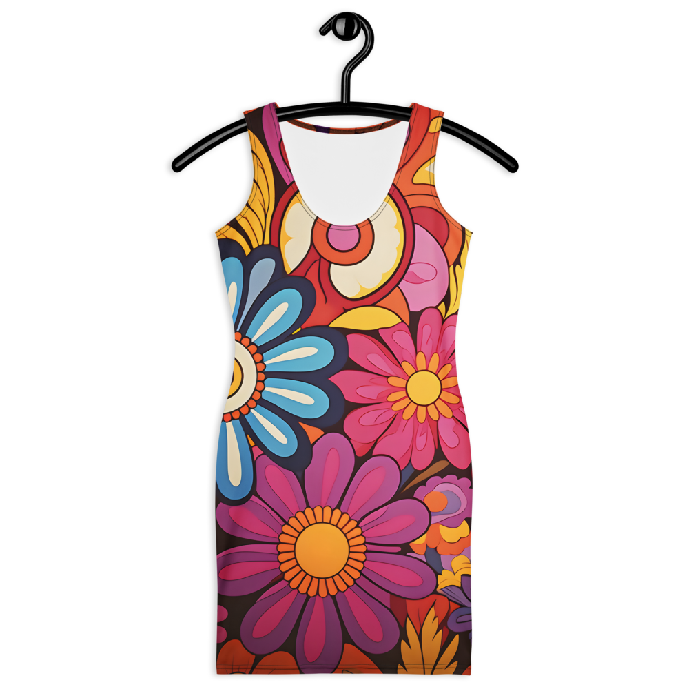 Vibrant colorful floral bodycon summer dress with a sculpted fit, combining comfort, flexibility, and bold summer statement style.