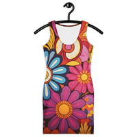 Women's retro floral bodycon dress with vibrant multicolor flower print, sleeveless fitted mini dress for spring and summer