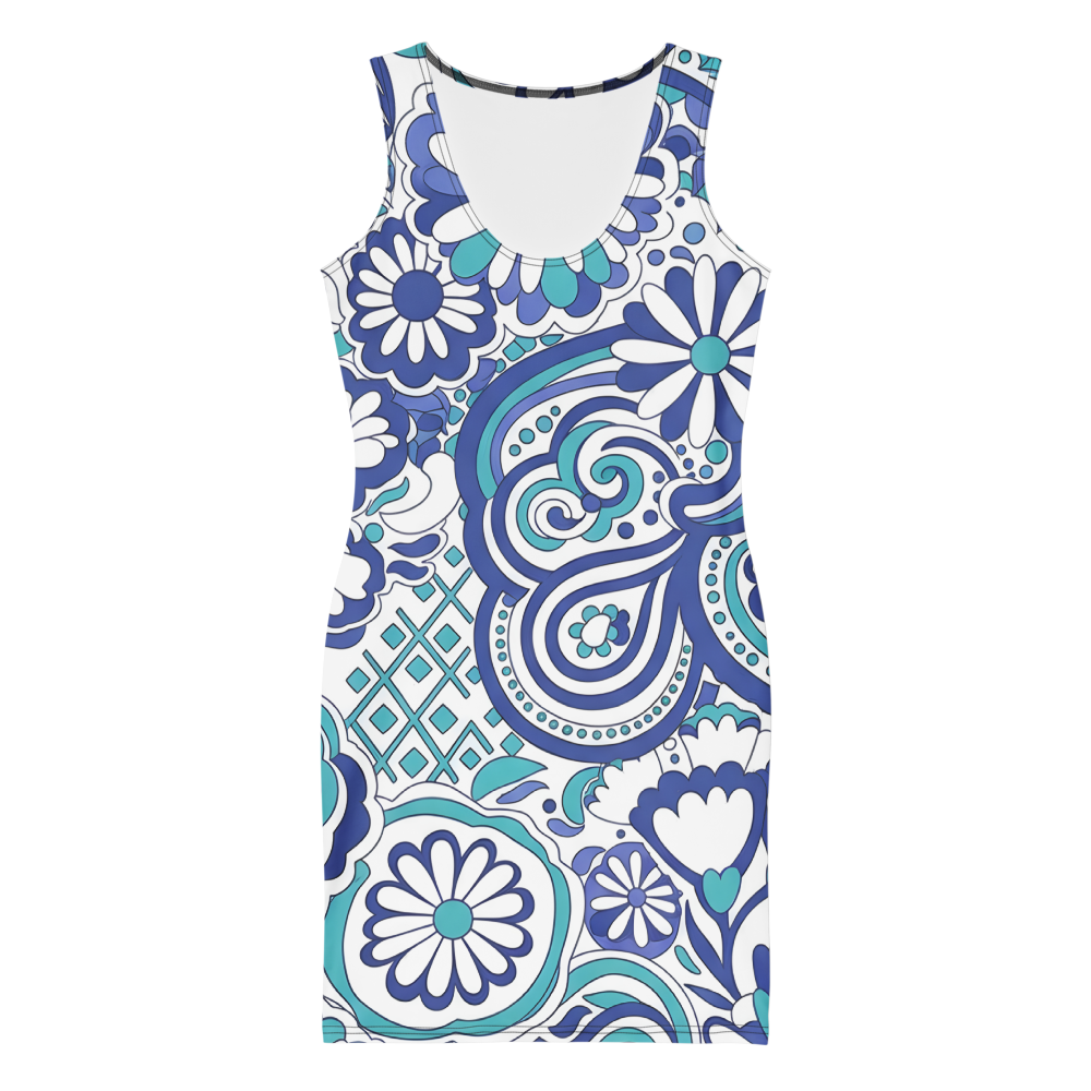 60s 70s Inspired Ibiza Blue Floral Mini Dress – Retro Swirl & Paisley Print in Royal Blue and Turquoise | Stretch Dress | Comfy Summer Dress