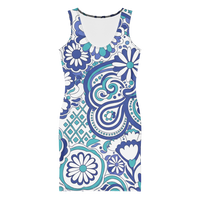 Women's 60s 70s inspired Ibiza bodycon mini dress with royal blue and turquoise retro floral paisley swirl print.