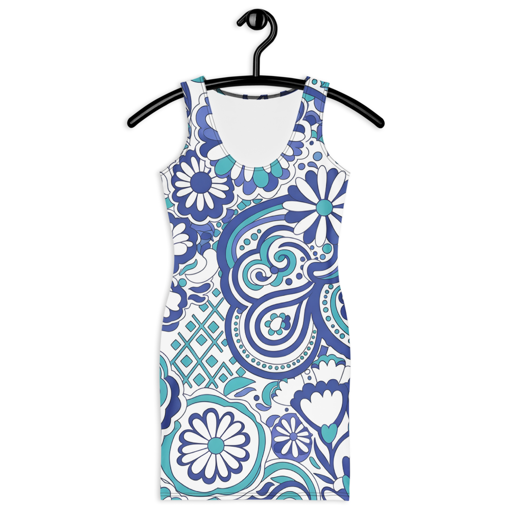 60s 70s Inspired Ibiza Blue Floral Mini Dress – Retro Swirl & Paisley Print in Royal Blue and Turquoise | Stretch Dress | Comfy Summer Dress