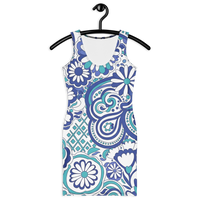 Women's 60s 70s inspired Ibiza bodycon mini dress with royal blue and turquoise retro floral paisley swirl print.