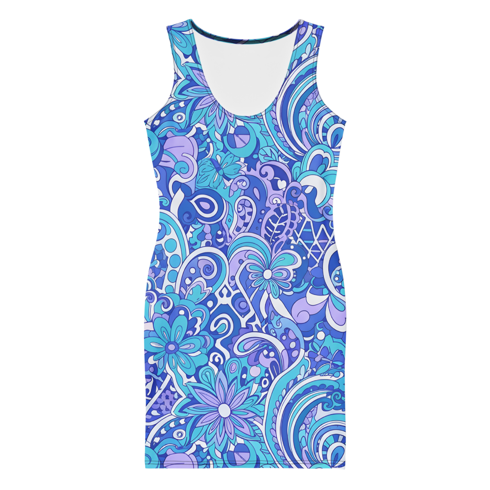 60s Inspired Ibiza Blue Paisley Mini Dress – Retro Floral Print in Royal Blue & Turquoise | Stretch Bodycon Dress | Summer Stretch Dress