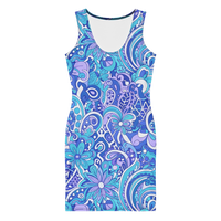 Women's vintage-inspired Ibiza bodycon mini dress featuring a bold blue paisley and floral print in royal blue, turquoise and lavender