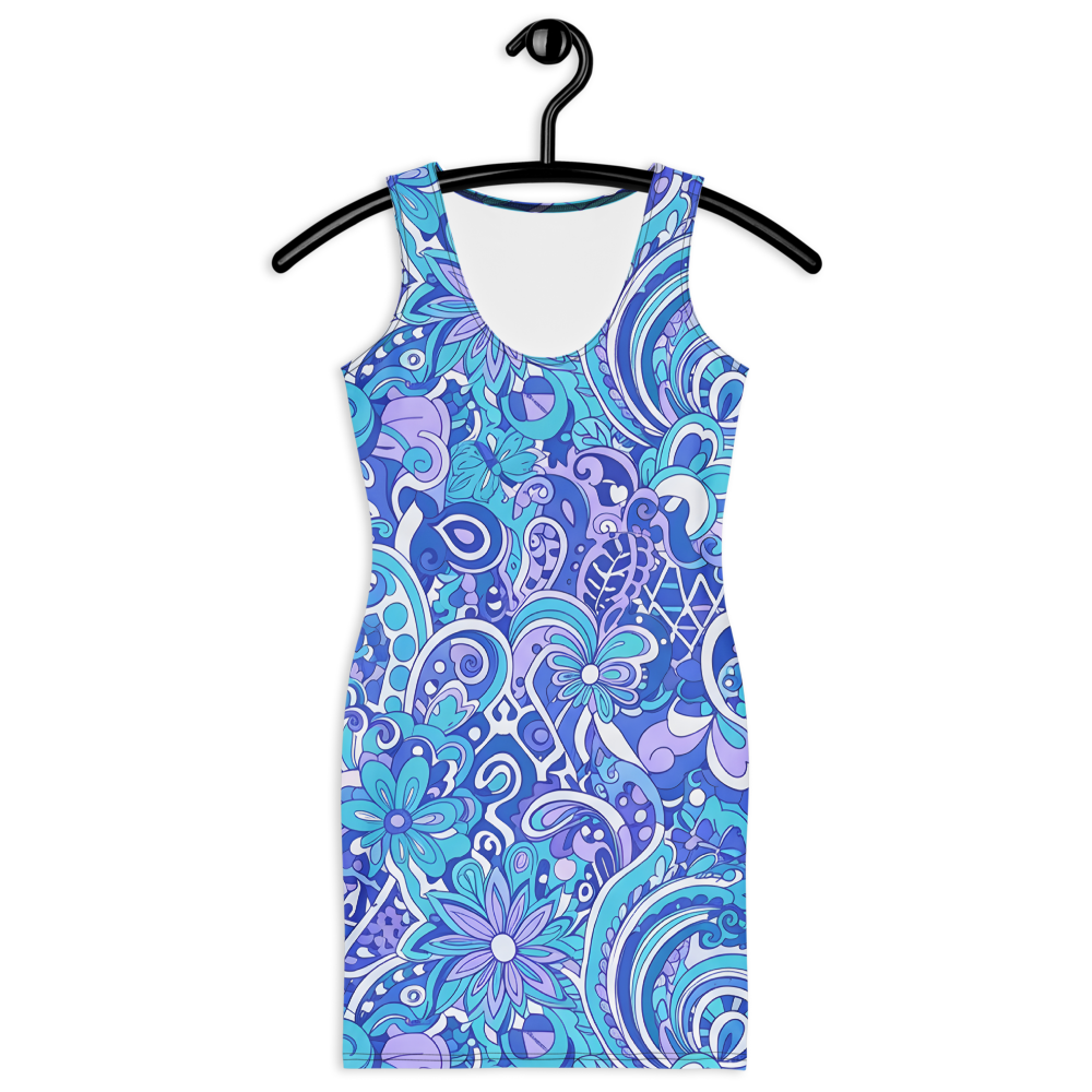 60s Inspired Ibiza Blue Paisley Mini Dress – Retro Floral Print in Royal Blue & Turquoise | Stretch Bodycon Dress | Summer Stretch Dress