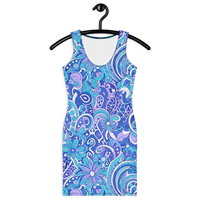 Women's vintage-inspired Ibiza bodycon mini dress featuring a bold blue paisley and floral print in royal blue, turquoise and lavender
