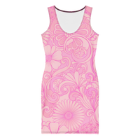 Women's 60s 70s inspired Ibiza bodycon mini dress with retro floral swirl print in peach, pink, and lavender