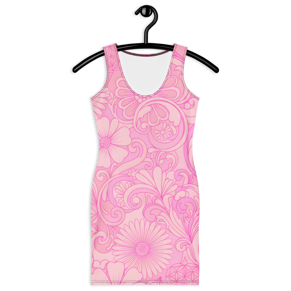 60s Inspired Ibiza Retro Peach & Pink Mini Dress – Retro Floral Print in Peach and Pink | Stretch Bodycon Dress | Summer Stretch Dress