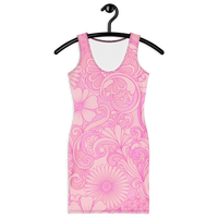 Women's 60s 70s inspired Ibiza bodycon mini dress with retro floral swirl print in peach, pink, and lavender