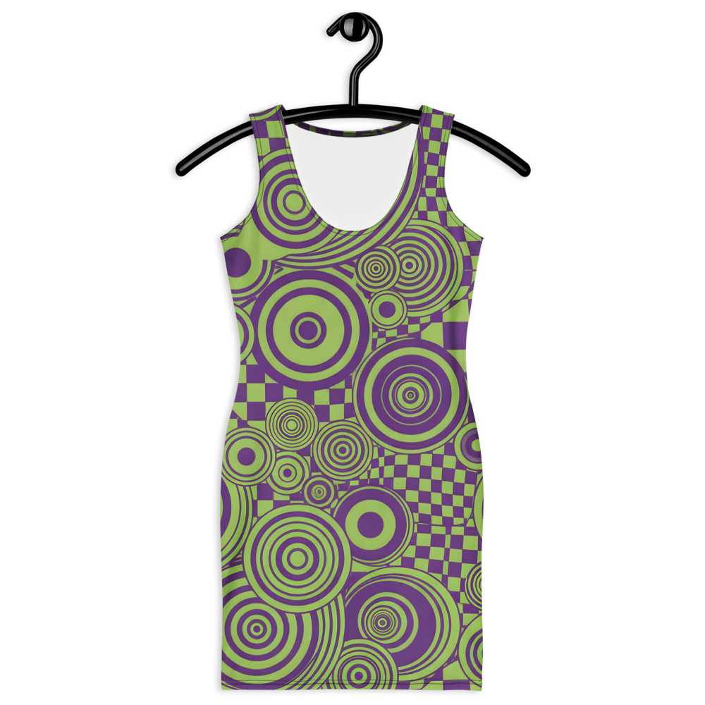 Retro Inspired Psychedelic Mini Dress – Psychedelic Print in Deep Purple & Bright Lime Green | Stretch Bodycon Dress | Summer Stretch Dress