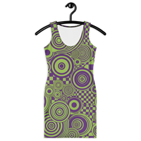 Women's colorful psychedelic bodycon mini dress with bold purple and lime green geometric swirl print