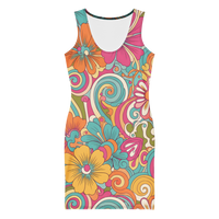 Women's colorful retro floral bodycon mini dress with vibrant flower power print in turquoise, pink, orange, yellow, and green
