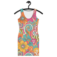 Women's colorful retro floral bodycon mini dress with vibrant flower power print in turquoise, pink, orange, yellow, and green