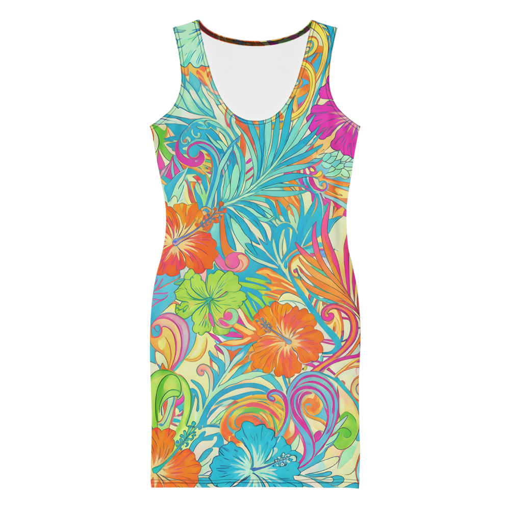 60s Inspired Tropical Hibiscus Mini Dress in Turquoise, Orange & Hot Pink | Stretch Bodycon Dress | Summer Stretch Dress