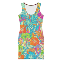 Women's colorful tropical hibiscus bodycon mini dress with vibrant turquoise, orange, hot pink, and floral print