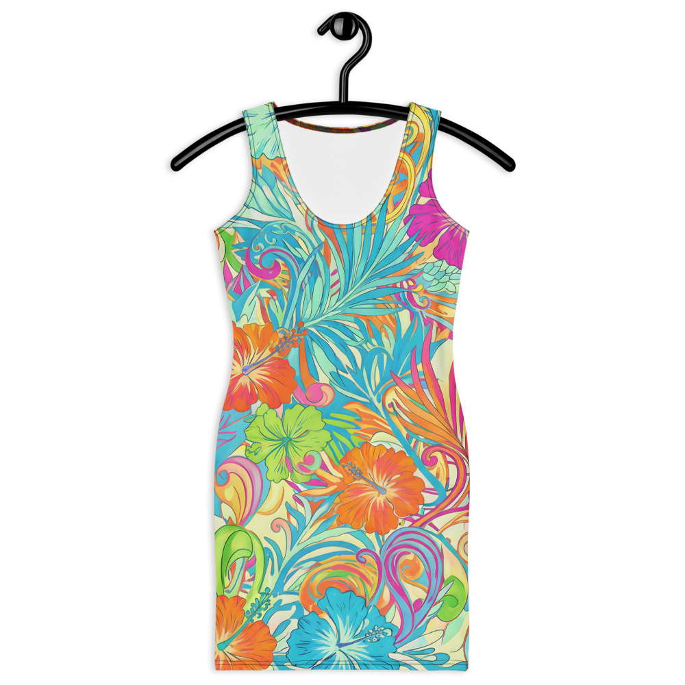 60s Inspired Tropical Hibiscus Mini Dress in Turquoise, Orange & Hot Pink | Stretch Bodycon Dress | Summer Stretch Dress