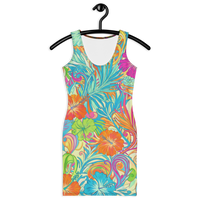 Women's colorful tropical hibiscus bodycon mini dress with vibrant turquoise, orange, hot pink, and floral print