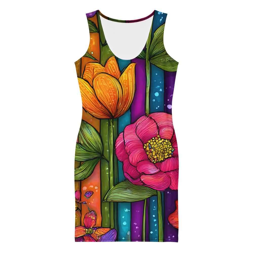 Vibrant colorful floral bodycon summer dress with a sculpted fit, combining comfort, flexibility, and bold summer statement style.