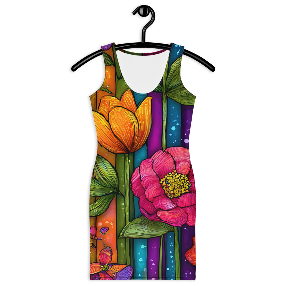Vibrant colorful floral bodycon summer dress with a sculpted fit, combining comfort, flexibility, and bold summer statement style.