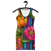 Envera Vibrant colorful floral bodycon summer dress with a sculpted fit, featuring a watercolor-style wildflower print in pink, yellow, orange, blue, and purple on a rainbow gradient background