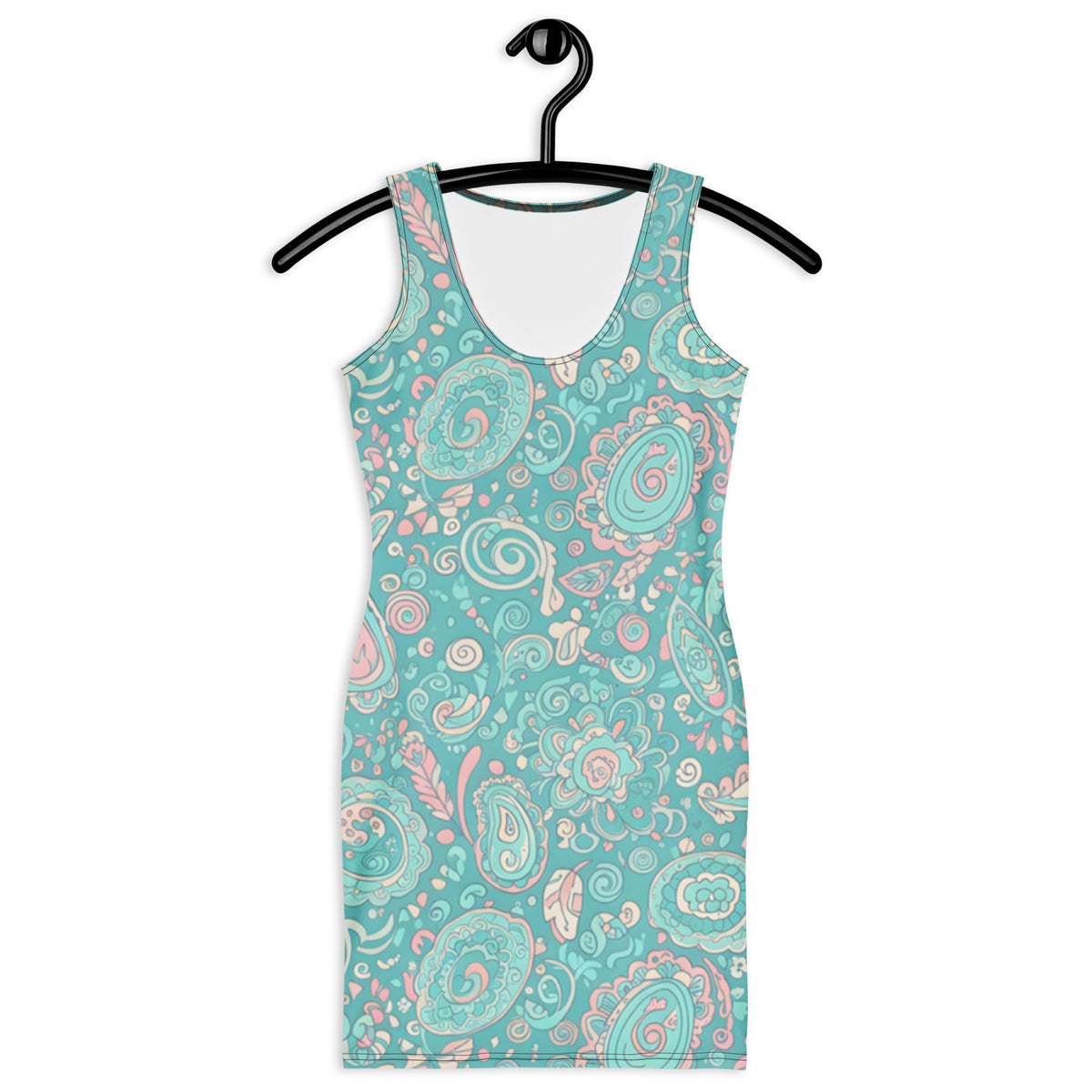 Women's 60s Ibiza style paisley bodycon mini dress in turquoise pastel print. Stretch fit, sleeveless boho summer dress with vintage-inspired charm