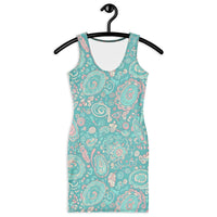 Women's 60s Ibiza style paisley bodycon mini dress in turquoise pastel print. Stretch fit, sleeveless boho summer dress with vintage-inspired charm