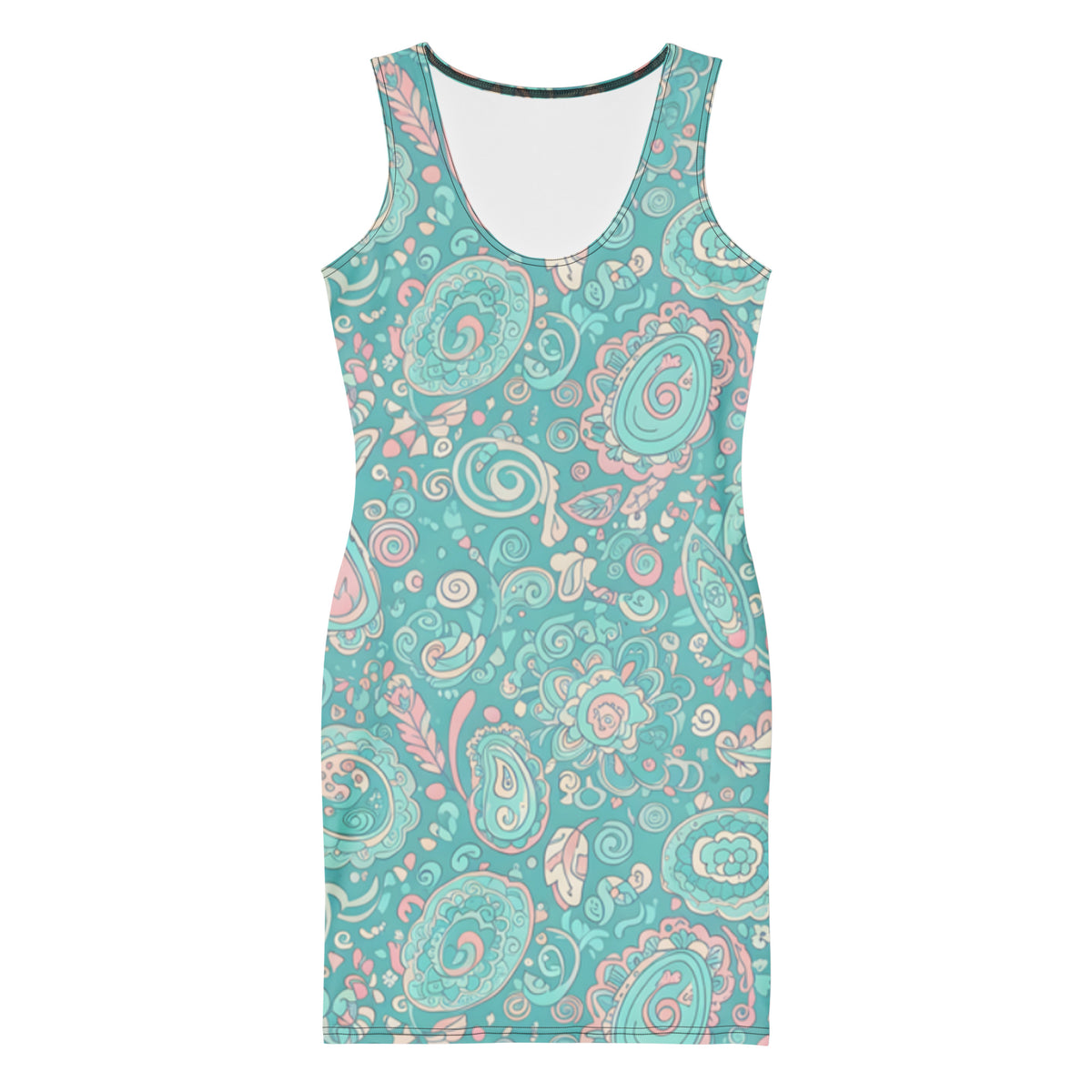 Women's 60s Ibiza style paisley bodycon mini dress in turquoise pastel print. Stretch fit, sleeveless boho summer dress with vintage-inspired charm