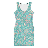 Women's 60s Ibiza style paisley bodycon mini dress in turquoise pastel print. Stretch fit, sleeveless boho summer dress with vintage-inspired charm